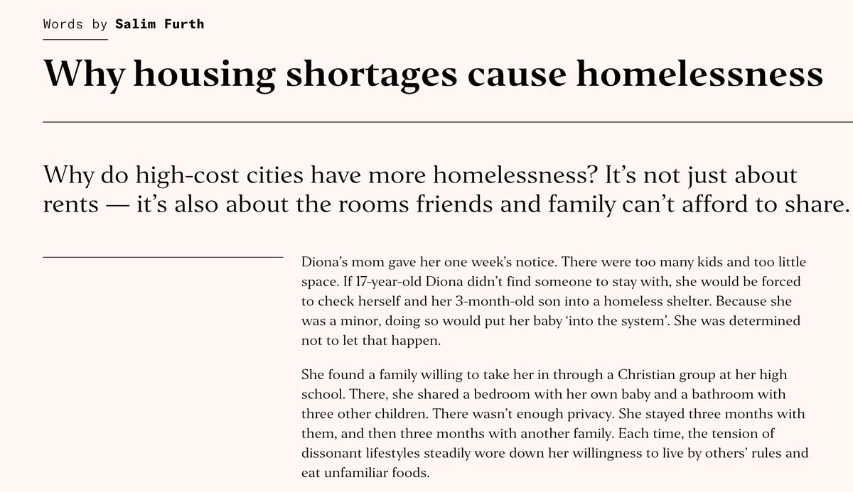 yimbyalliance's tweet photo. Housing shortages make homelessness much worse because they shrink the networks of friends and family with spare living space for people in difficulty. 

Important new piece from @salimfurth in @WorksInProgMag: https://t.co/Vw5ahm0TQz