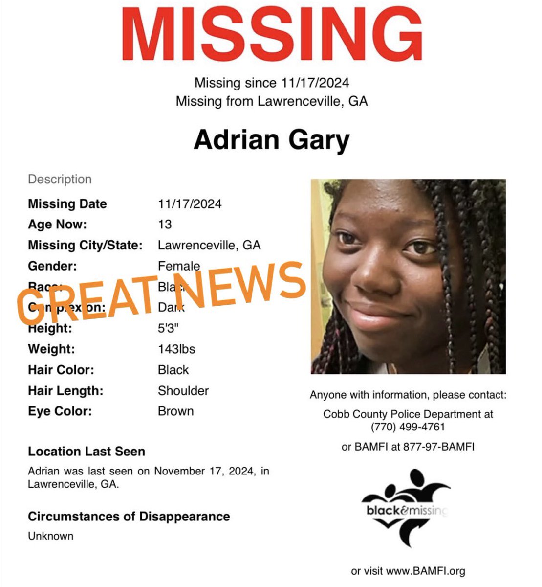 GREAT NEWS! 13y/o Adrian Gary has been found safe. 

Thank you all for sharing her profile. 🧡