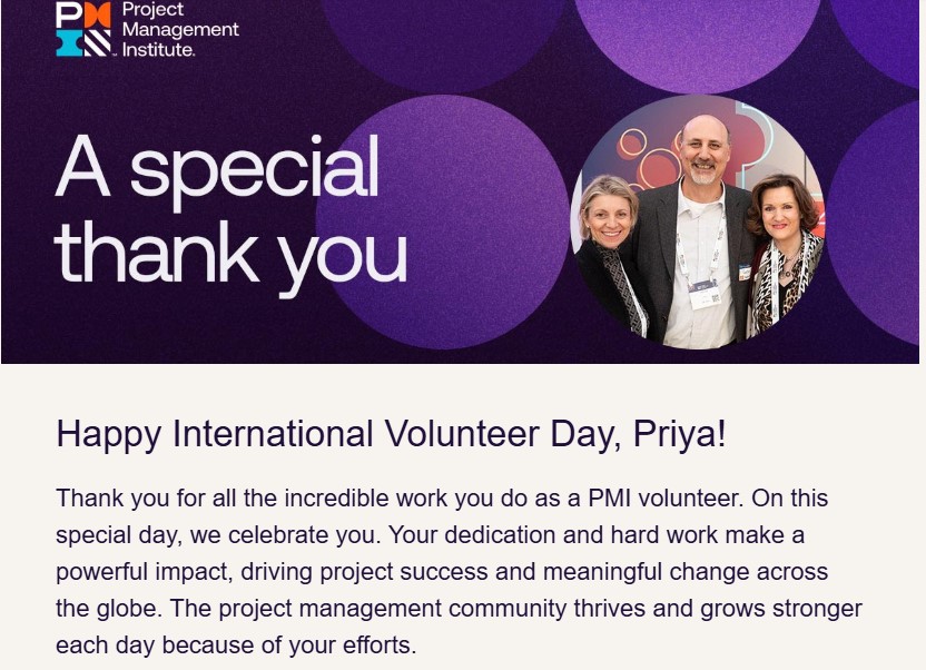 priyaPatra's tweet image. Today, on #InternationalVolunteerDay, I am grateful for the global network of volunteers making a difference.
It&apos;s amazing to know that wherever I go I can find someone, share a cup of coffee, and discuss the power of giving back
@PMInstitute @PMIMC 
#community #pmichapterXchange