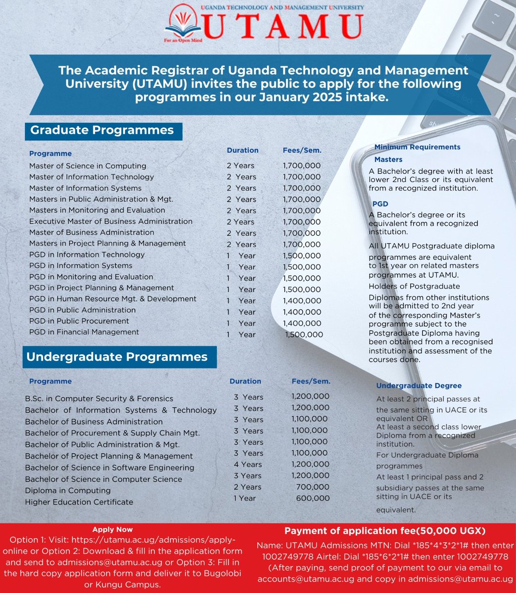 Achieve Your Dreams with UTAMU: Uganda Technology and Management University is committed to helping you achieve your dreams. Graduate link: utamu.ac.ug/admissions/app…………       

Undergraduate link: utamu.ac.ug/admissions/app…………

@utamu_7 <a href="/baryamureeba/">Prof. V Baryamureeba</a>