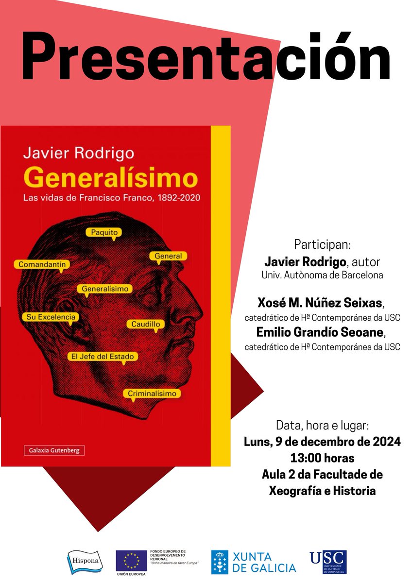 Hispona (@hispona1) on Twitter photo 📅‼️ O próximo luns 9 de decembro, o grupo Hispona organiza a presentación do libro 𝘎𝑒𝘯𝑒𝘳𝑎𝘭𝑖́𝘴𝑖𝘮𝑜: 𝘓𝑎𝘴 𝘷𝑖𝘥𝑎𝘴 𝘥𝑒 𝐹𝘳𝑎𝘯𝑐𝘪𝑠𝘤𝑜 𝐹𝘳𝑎𝘯𝑐𝘰, 1892-2020, co seu autor, Javier Rodrigo
⏰ 9 de decembro de 2024, 13 h.
📌 Aula 2 da <a href="/facultadeXH/">Facultade de Xeografía e Historia</a>. 📅‼️ O próximo luns 9 de decembro, o grupo Hispona organiza a presentación do libro 𝘎𝑒𝘯𝑒𝘳𝑎𝘭𝑖́𝘴𝑖𝘮𝑜: 𝘓𝑎𝘴 𝘷𝑖𝘥𝑎𝘴 𝘥𝑒 𝐹𝘳𝑎𝘯𝑐𝘪𝑠𝘤𝑜 𝐹𝘳𝑎𝘯𝑐𝘰, 1892-2020, co seu autor, Javier Rodrigo
⏰ 9 de decembro de 2024, 13 h.
📌 Aula 2 da <a href="/facultadeXH/">Facultade de Xeografía e Historia</a>.