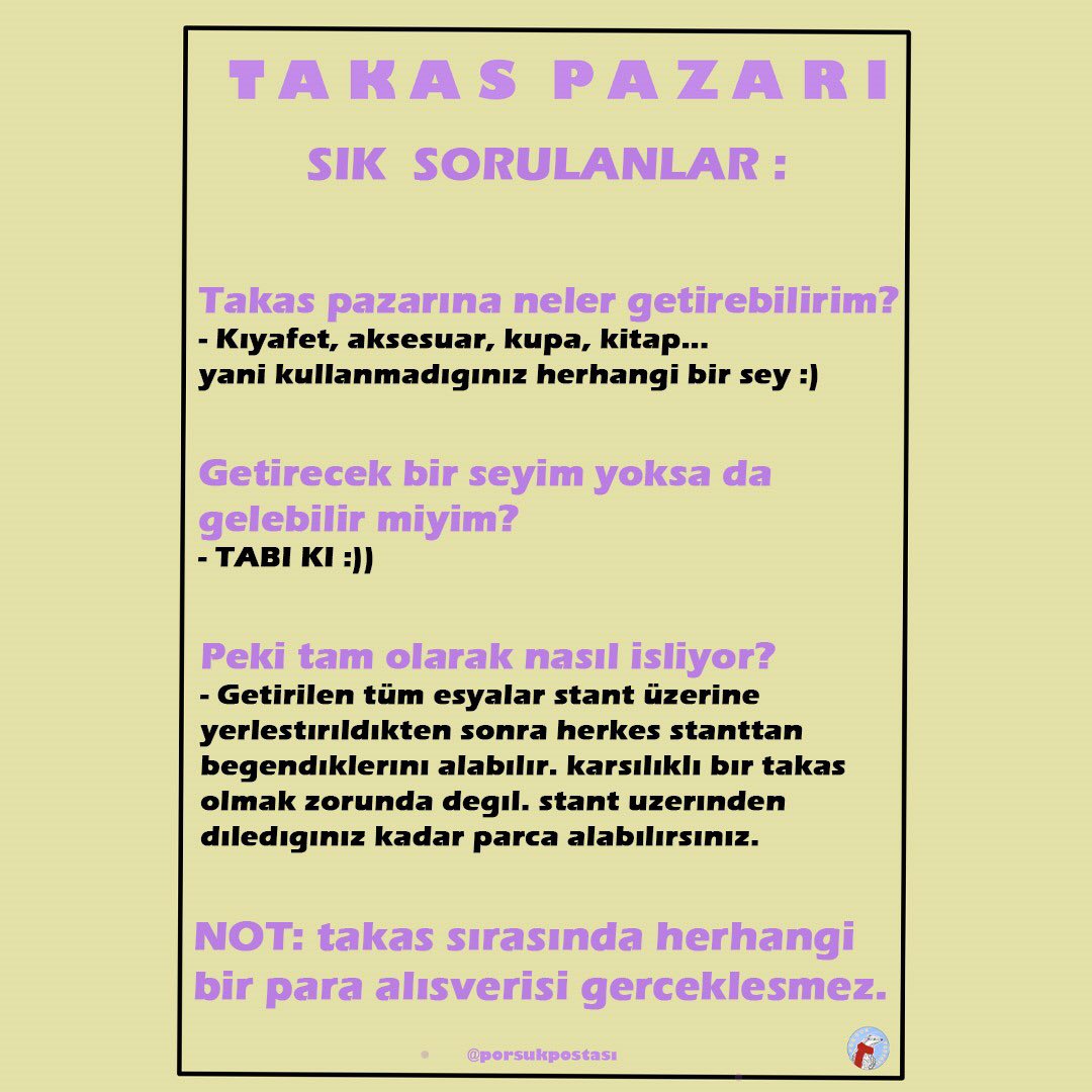 Ekim ayında gerçekleştirdiğimiz takas pazarının her ay düzenli olarak devam edeceğini duyurmaktan mutluluk duyarız!Yeni bir geleneğin ilmeklerini örerken seni de aramızda görmek için sabırsızlanıyoruz. Dayanışmayı beraber büyütelim!🎉🪅