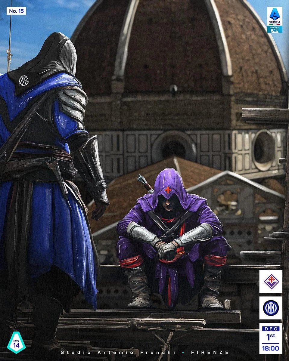 La Serie A del fútbol italiano rindió un homenaje a Ezio Auditore con esta imagen promocional que hicieron para el partido Fiorentina vs Inter. ⚽

#AssassinsCreed