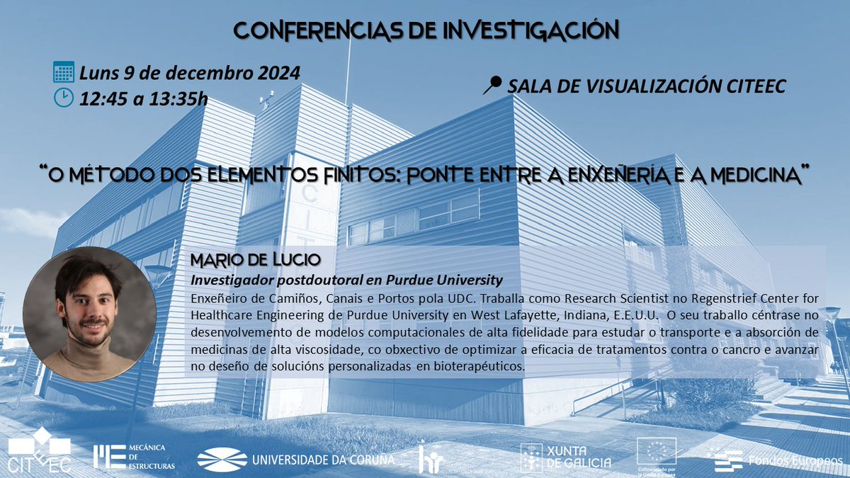 🗣️O vindeiro luns 9 temos unha conferencia impartida por Mario de Lucio na sala de visualización do CITEEC. Agardámosvos! #GME <a href="/GMNI_coruna/">GMNI</a>  <a href="/UDC_gal/">Universidade da Coruña</a>