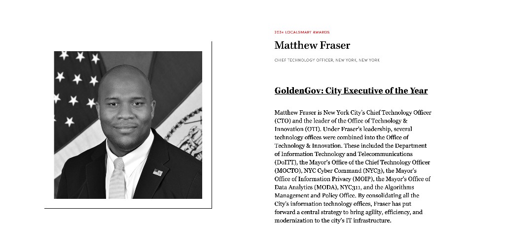 NYCOfficeofTech's tweet photo. Congratulations to #NYCCTO Fraser on receiving @state_scoop’s #LocalSmart Golden Gov: City Executive of the Year Award for bringing  "agility, efficiency, and modernization to NYC's IT infrastructure." https://t.co/1qWvW3adDh