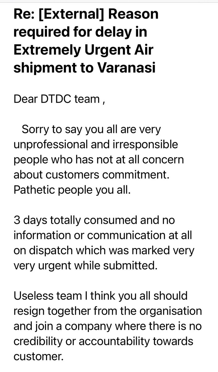 #dtdcindia 
docket V86358301

Extremely Urgent Plus delivery,
Still not dispatched till 3 days

Irresponsible DTDC Team
⁦⁦Mr Harshal Kakani Not responding with eta⁩ ⁦<a href="/DTDCIndia/">DTDC Express Limited</a>⁩ #Abhishekchakraborty 

Nobody in such big organisation taking responsibility.