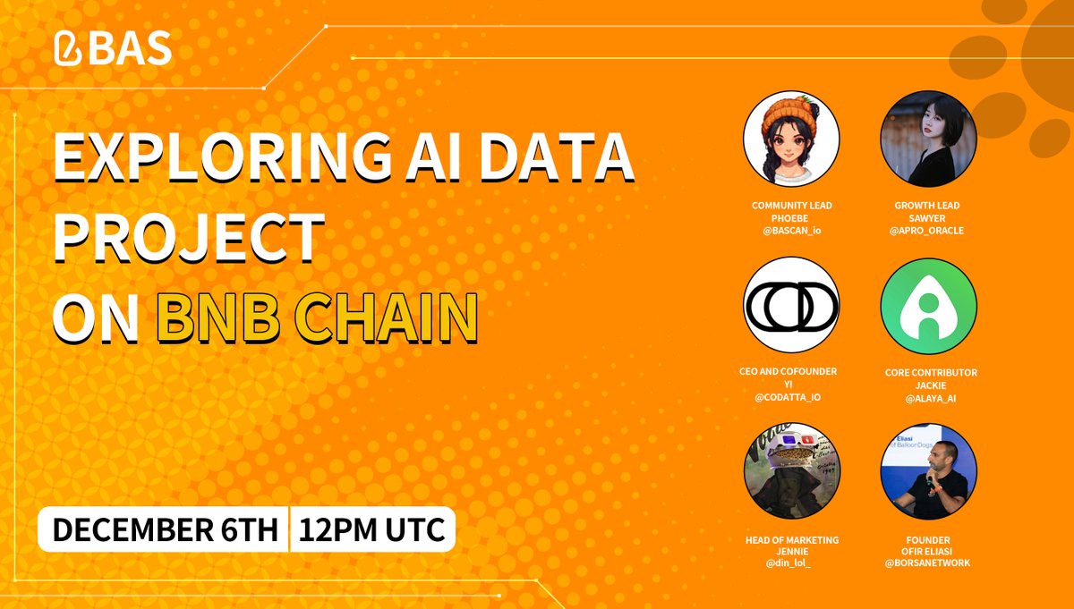 BASCAN_io's tweet photo. 🟠 Join us for an exciting Twitter Space hosted by @BASCAN_i!

Topic: "Exploring AI data project on @BNBCHAIN."

👥 Host: Phoebe - Community Lead @BASCAN_io 

👥 Special Guests:
Sawyer - Growth Lead @APRO_Oracle

Jackie - Core Contributor @Alaya_AI

Jennie - Head of Marketing @din_lol_

Yi - CEO and Cofounder @codatta_io

Ofir Eliasi - Founder @BorsaNetwork

Learn everything you need to know about the Data for AI!

Don't miss out on this insightful session!  🧡