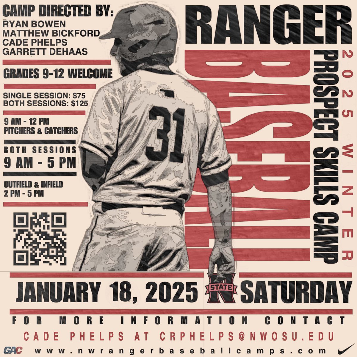 We are excited to announce our first prospect camp of 2025! 

Our Winter High School Prospect Camp will be on Saturday, January 18th! This is an awesome opportunity for HS players to get in front of and work with our coaching staff! 

Sign up at nwrangerbaseballcamps.com! #RRR