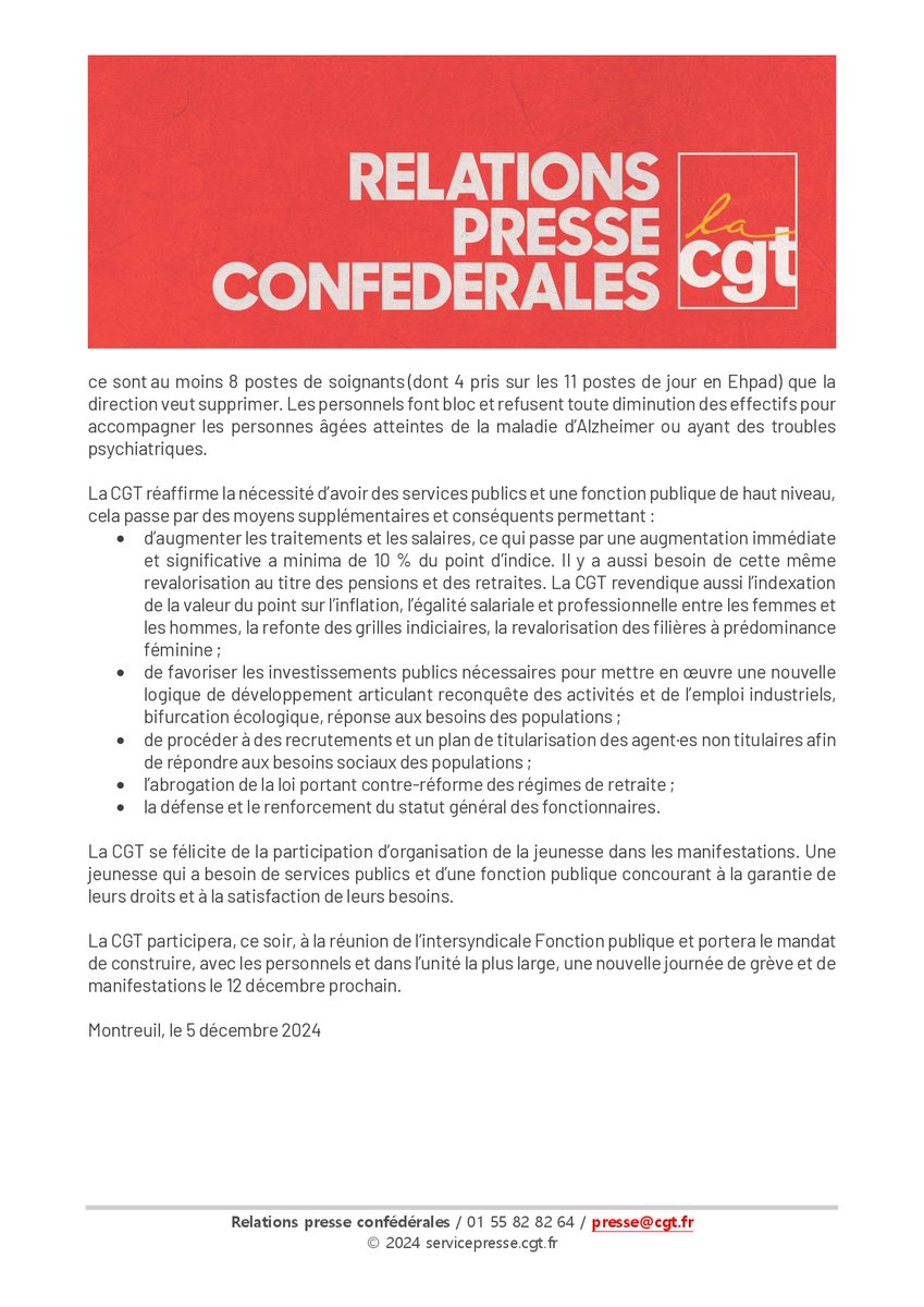 🔴Manifestation Fonction  publique du 5 décembre : plus de 200 000 manifestant·es se sont mobilisé.es, partout en France et dans l'unité, pour censurer les politiques gouvernementales ✊
Communiqué <a href="/lacgtcommunique/">La CGT</a> en téléchargement👇
cgtetat.fr/fonction-publi…