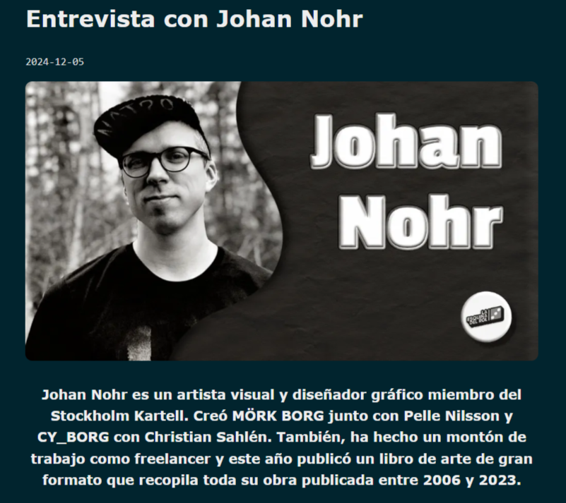 RolePerSecond's tweet image. ¡Ya está disponible la entrevista que "La Esquina del rol" realizó al diseñador y artista sueco @JohanNohr ! A quien quizá conocen por haber sido el artista del oscuro RPG @MorkBorg . Una charla magnífica de la cual no podría estar más contento y orgulloso. 👇