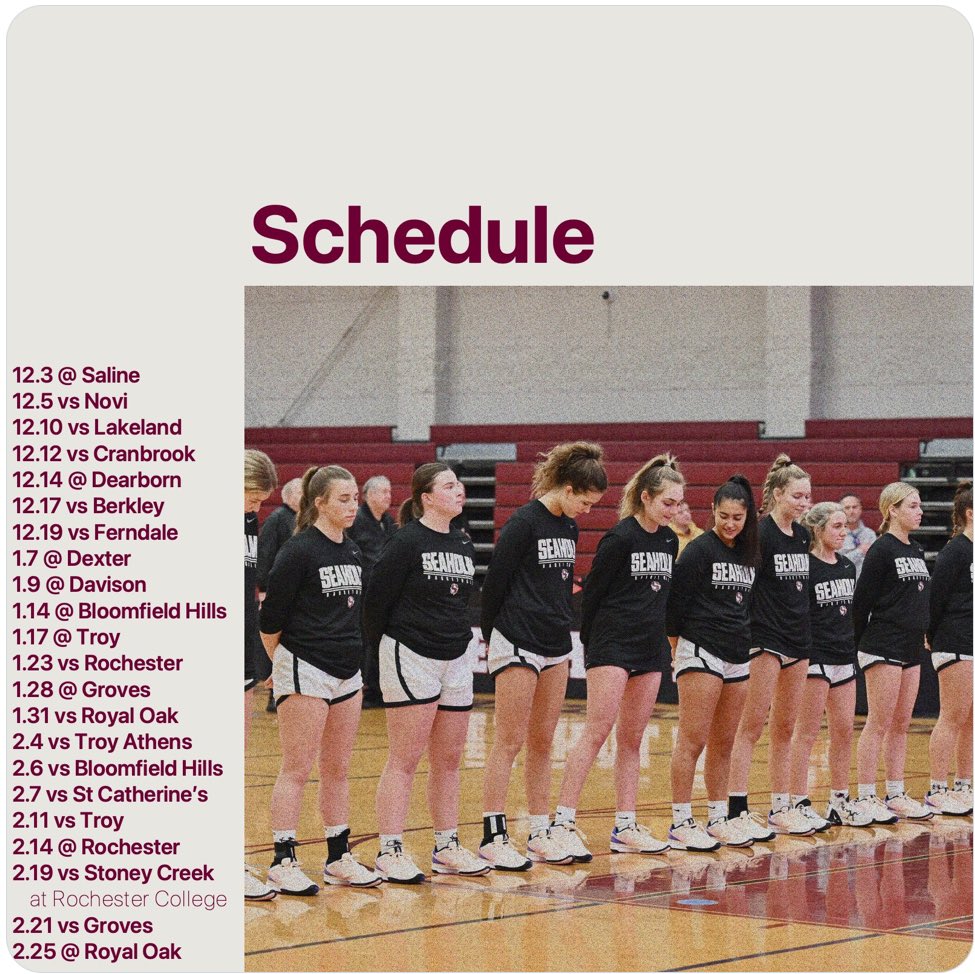 Bill Watson (@bill_watson19) on Twitter photo Your 🍁Seaholm Lady Maples🏀varsity basketball team’s home opener is tonight 12/5 vs Novi. Game time 7pm, JV at 5:30.
<a href="/SeaholmGBB/">Seaholm Girls’ Basketball</a> Your 🍁Seaholm Lady Maples🏀varsity basketball team’s home opener is tonight 12/5 vs Novi. Game time 7pm, JV at 5:30.
<a href="/SeaholmGBB/">Seaholm Girls’ Basketball</a>