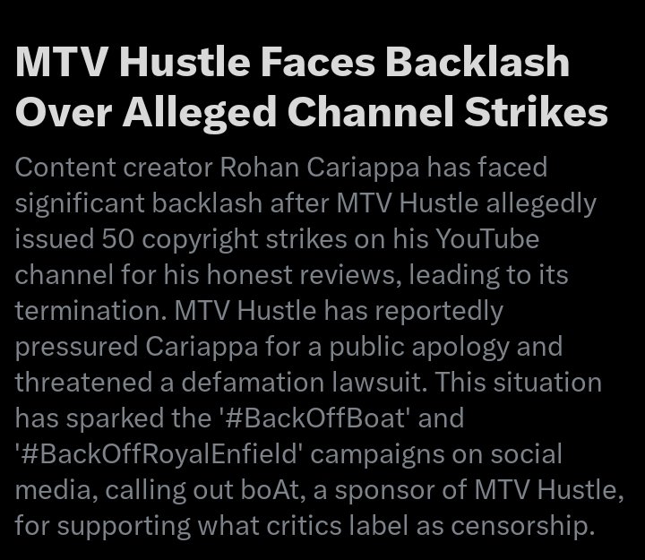 #BackOffBoat  #BackOffRoyalEnfield 

<a href="/RockWithboAt/">boAt</a> 
MTV Hustle has given 50 strikes on Rohan Cariappa’s channel for honest reviews, TERMINATING it. Now they’re forcing him to apologize publicly &amp; threatening a defamation lawsuit.

You’re backing censorship, not creativity