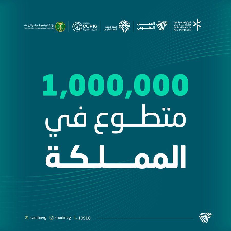 "فخرنا يكبر بوصول مليون متطوع في المملكة! 🇸🇦  
معًا نصنع الأثر ونبني مستقبلًا أكثر إشراقًا.  
#وطن_العطاء #التطوع_السعودي #مليون_متطوع"