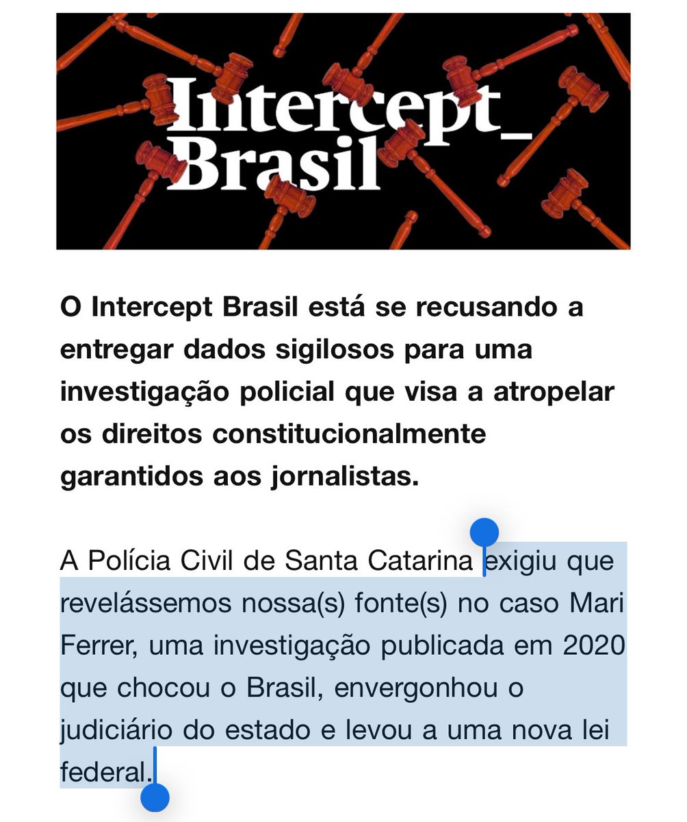 Completamente absurdo mais esse caso de intimidação a jornalistas vindo de SC! 

A Polícia Civil está exigindo que o <a href="/TheInterceptBr/">Intercept Brasil</a> revele fontes de suas apurações, algo que confronta completamente o direito à preservação do off, uma das mais importantes ferramentas de denúncia