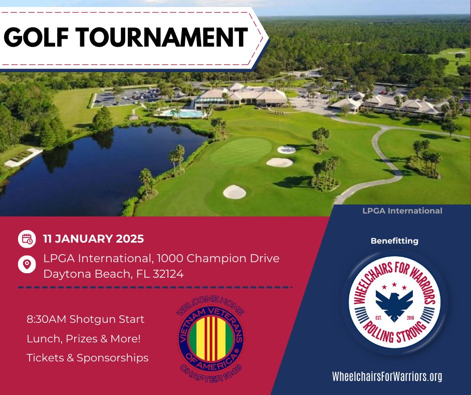 Tee Off for a Cause! 🇺🇸

Join us for VVA Daytona Beach Chapter 1048 for their 4th Annual Golf Tournament!

📅  Saturday, Jan 11, 2025
⏰  7 AM Registration | 8:30 AM Scramble Tee Off
📍 LPGA International Daytona Beach (Hills Course)
⛳ Register: birdease.com/VVA1048

#Events