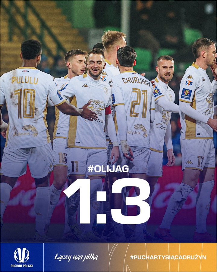 Wynik końcowy meczu 1/8 finału Pucharu Polski pomiędzy Olimpią Grudziądz, a Jagiellonią