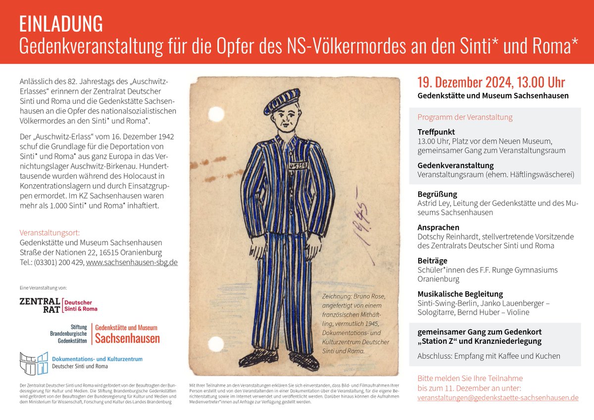 Der Zentralrat gedenkt gemeinsamen mit dem Dokumentations- und Kulturzentrum Deutscher Sinti und Roma und der Gedenkstätte und Museum Sachsenhausen - Sachsenhausen Memorial am 19.12. dem Jahrestag des #Auschwitz-Erlass aus dem Jahr 1942. (1/2)

Alle Infos: