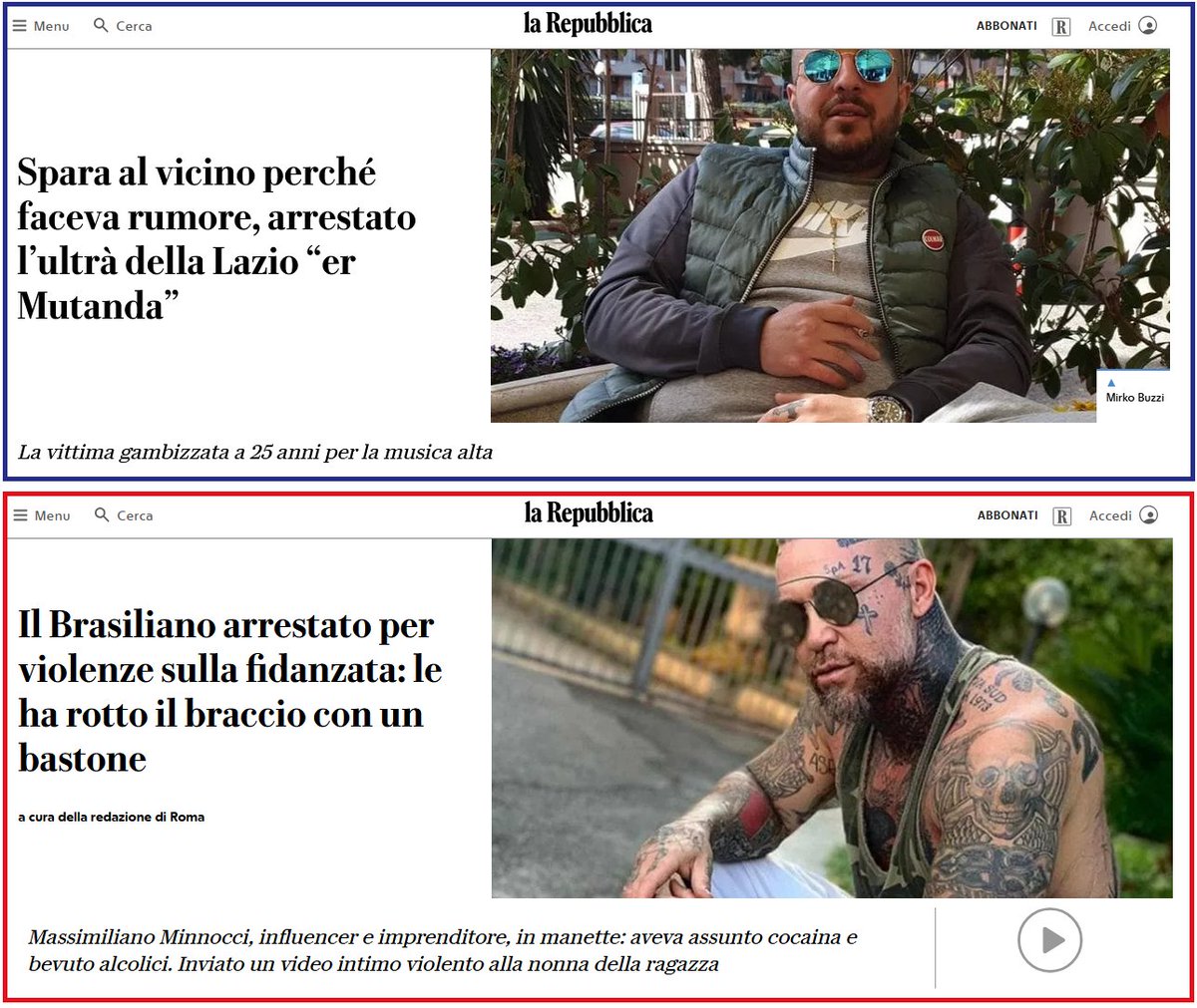 LeastSquares71's tweet photo. @ilmessaggeroit @Gazzetta_it @repubblica [18/n] Esperimento #13. Due individui si rendono protagonisti di un grave reato, commesso in entrambi i casi in un contesto che non ha nulla a che vedere con il loro tifo per le rispettive squadre di calcio (Lazio e Roma). Ammiriamo, di nuovo, il titolista di @rep_roma all'opera. https://t.co/GWQk6orssC