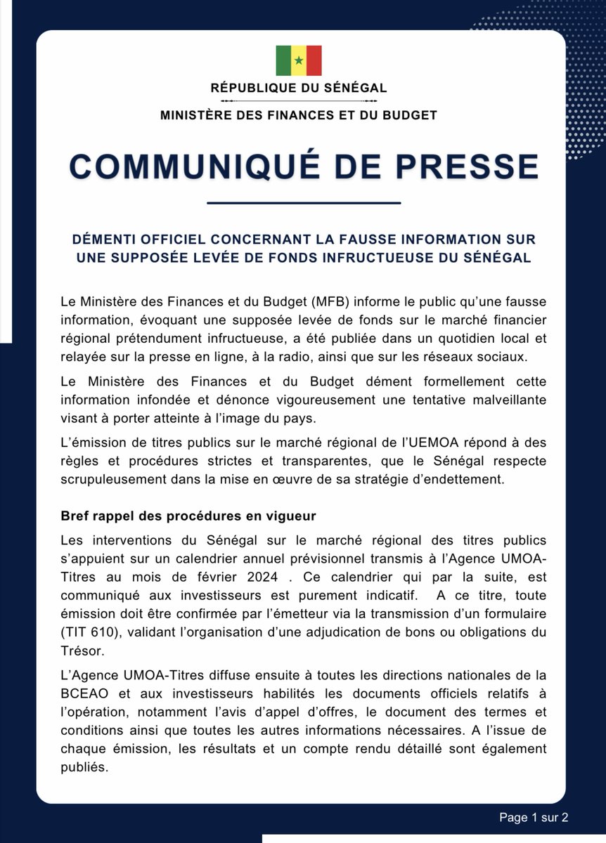 mefp_senegal's tweet photo. DÉMENTI OFFICIEL CONCERNANT LA FAUSSE INFORMATION SUR UNE SUPPOSÉE LEVÉE DE FONDS INFRUCTUEUSE DU SÉNÉGAL.
#Sénégal #Finance #MFB #MinFinSn #Finance #Vision2050 https://t.co/M6xKBubVKt