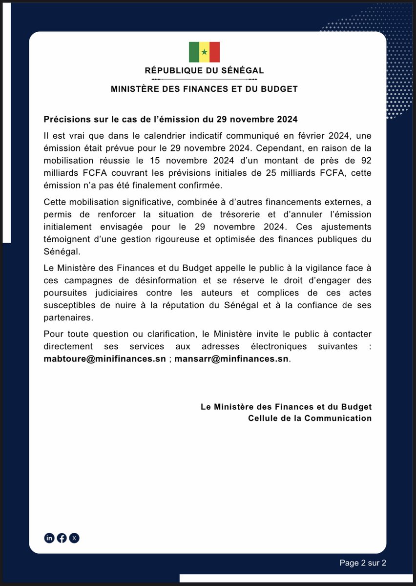 mefp_senegal's tweet photo. DÉMENTI OFFICIEL CONCERNANT LA FAUSSE INFORMATION SUR UNE SUPPOSÉE LEVÉE DE FONDS INFRUCTUEUSE DU SÉNÉGAL.
#Sénégal #Finance #MFB #MinFinSn #Finance #Vision2050 https://t.co/M6xKBubVKt