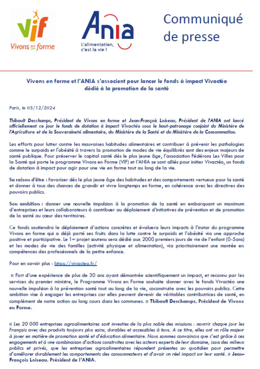 #Santé | <a href="/Vivons_en_Forme/">VIF</a> et l'Ania lancent le fonds à impact <a href="/vivacteo/">VIVACTÉO - Agissons pour une vie en forme !</a>, dédié à la promotion de la santé !
✅Encourager des habitudes de vie saines dès le + jeune âge et mobiliser entreprises &amp; territoires pour un impact durable sur la santé publique.
👉vivacteo.fr