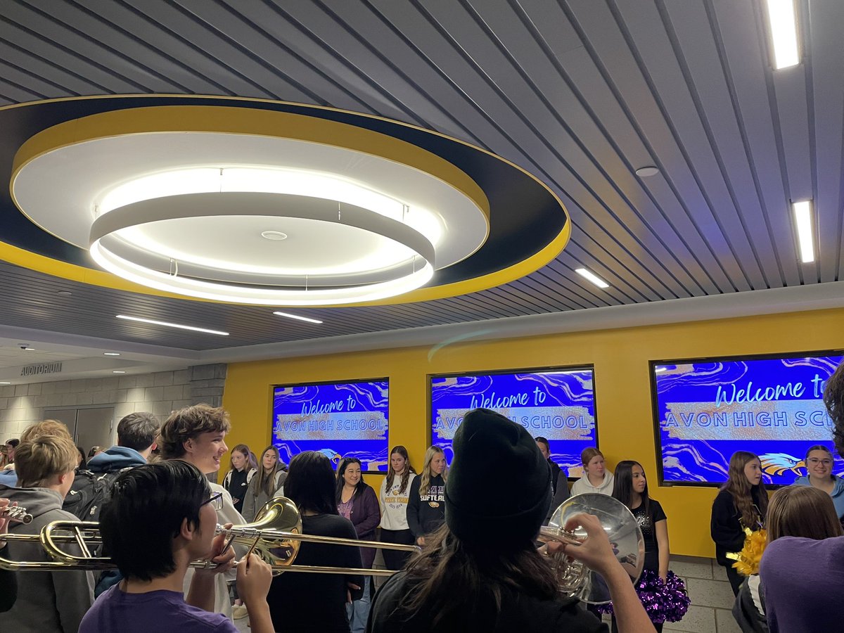 AvonStuServices's tweet photo. What a great Pep Rally at AHS for our football team, band, and cheer squads this morning.  Can’t wait for tonight’s game in Canton….is it 7:00 yet?? https://t.co/oXmSII9ZUs