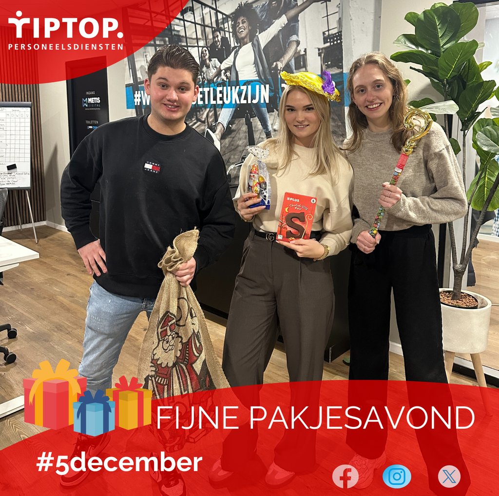 tiptoppersoneel's tweet photo. 🎁✨ "Pakjesavond staat voor de deur! ✨🎁

Wij wensen iedereen een gezellige en smakelijke avond toe! Net zoals Sinterklaas altijd de juiste cadeautjes weet te brengen, helpen wij jou bij het vinden van de perfecte baan of kandidaat. 🎅🏼💼

#pakjesavond https://t.co/WvEQ5MZufA