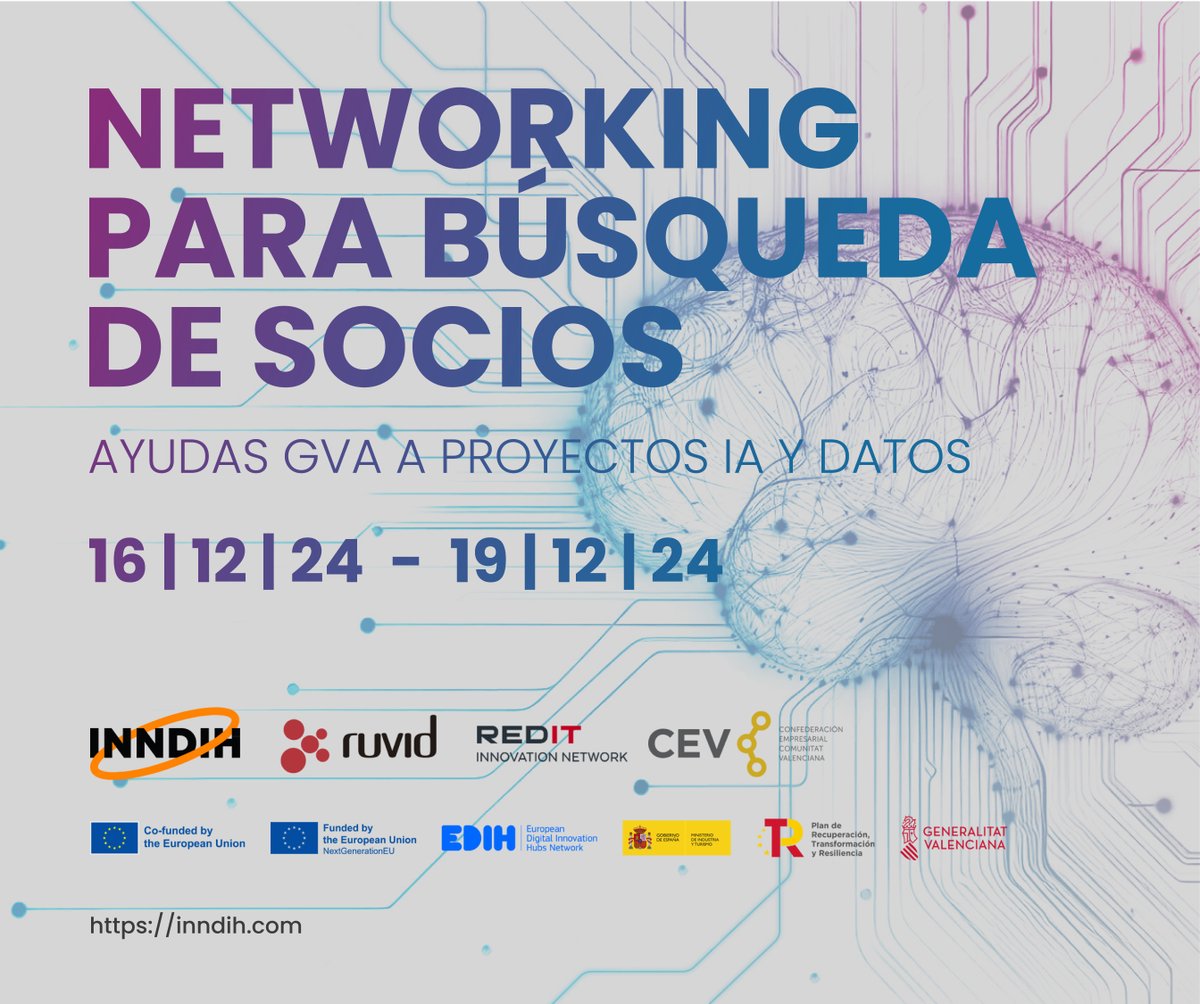 asociacionruvid's tweet photo. 📢Abierta la inscripción al #Networking de #InnDIH para formación de #consorcios para proyectos de Desarrollo Experimental en #IA e impulso de Espacios de #Datos Sectoriales.
📅16 - 19 de diciembre: https://t.co/zaKCvszjZT
🎯Dirigido a #empresas y otras entidades de la CV https://t.co/gTh39GfoMq