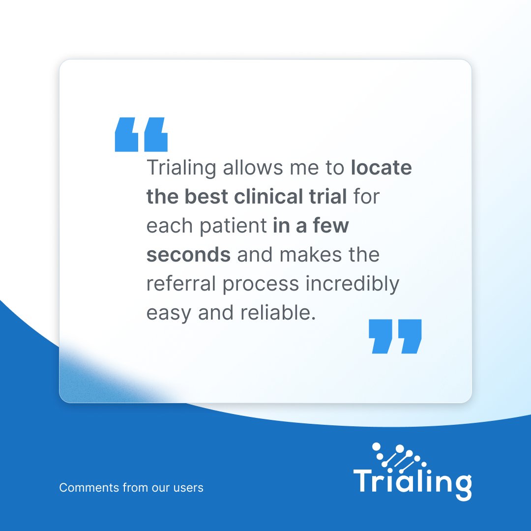 TrialingHealth's tweet photo. At Trialing, we’re proud to simplify oncology care by streamlining the clinical trial search process. Oncologists' feedback inspires us to keep innovating:

🗣️ “Trialing helps me find the best clinical trial for each patient in seconds, making referrals simple and reliable.”

🗣️ “The updates are constant, and the team is always available to assist with specific trial queries.”

💬 Got suggestions or feedback? Reach us easily via WhatsApp at +34 622 40 56 62.

We’re here to support oncologists in their mission to deliver exceptional patient care.

#Oncology #ClinicalTrials #Innovation #CancerCare