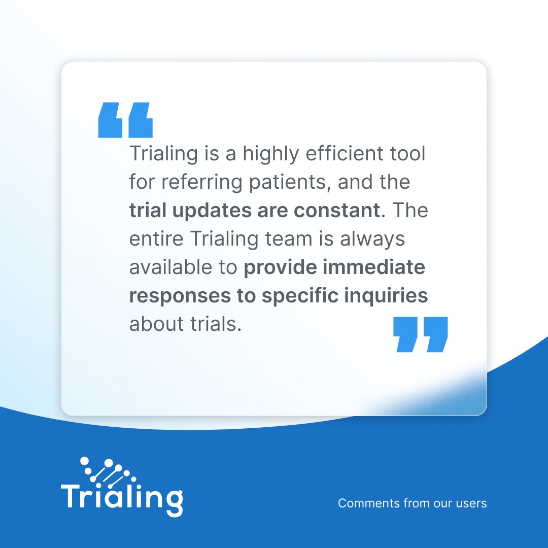 TrialingHealth's tweet photo. At Trialing, we’re proud to simplify oncology care by streamlining the clinical trial search process. Oncologists' feedback inspires us to keep innovating:

🗣️ “Trialing helps me find the best clinical trial for each patient in seconds, making referrals simple and reliable.”

🗣️ “The updates are constant, and the team is always available to assist with specific trial queries.”

💬 Got suggestions or feedback? Reach us easily via WhatsApp at +34 622 40 56 62.

We’re here to support oncologists in their mission to deliver exceptional patient care.

#Oncology #ClinicalTrials #Innovation #CancerCare