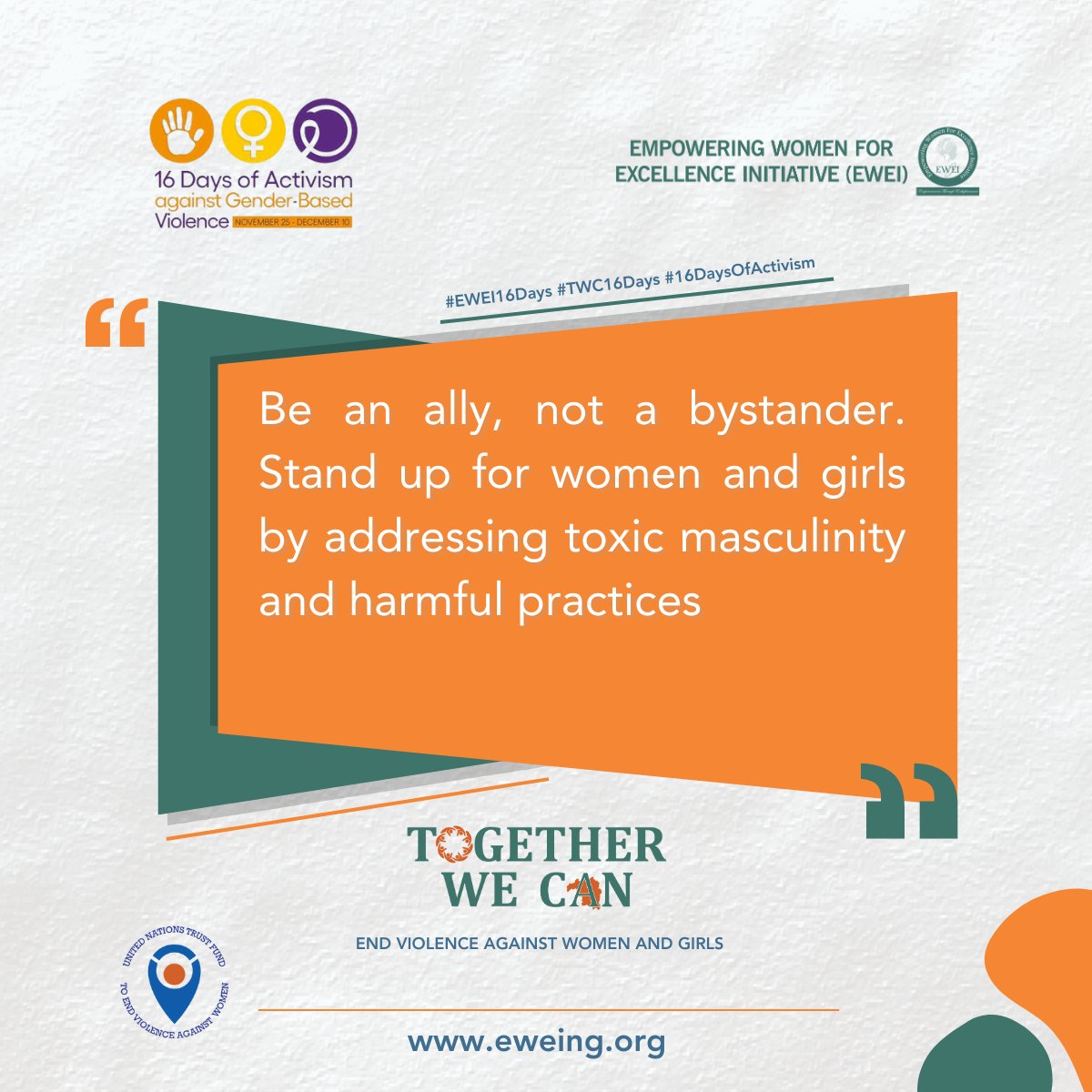 Be an ally, not a bystander!  Stand up for women and girls by addressing toxic masculinity and harmful practices
<a href="/eweinigeria/">EWEI</a> <a href="/UNTrustFundEVAW/">UN Trust Fund to End Violence against Women</a> @jesse_David07 <a href="/YusufLiman_/">Rt. Hon. Yusuf Liman</a> <a href="/MeemaEstee/">Munira Suleiman Tanimu</a> <a href="/KadunaAssembly/">Kaduna State House of Assembly</a> <a href="/MOJKaduna/">Ministry of Justice</a> <a href="/KDHSSD/">Human Services & Social Development Kaduna</a> 

#EWEI16Days #TWC16Days #16DaysOfActivism