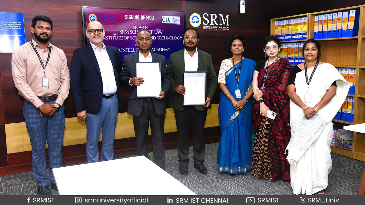 SRM_Univ's tweet photo. The SRM School of Law, #SRMIST, has signed a Memorandum of Understanding (MOU) with Cyber Intelligence Academy, (CIA) Chennai. 

@CIA  #SRMSOL #CyberIntelligenceAcademy #CIA #MoU #Collaboration #SRMlaw #lawschool #srm_pov #SRMuniversity #academics #education #SRMkattankulathur https://t.co/2zMoIUzXvD