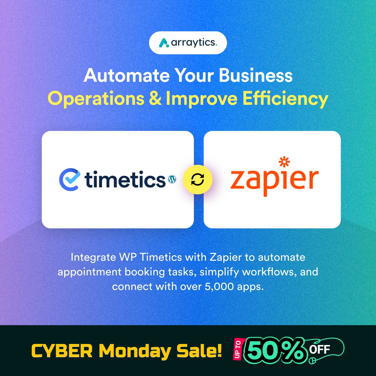 arraytics's tweet image. 🚀 Automate your workflows with WP Timetics + Zapier!

✅ Sync bookings with 2,000+ apps 
✅ Send automated notifications 
✅ Manage smartly 

💼 Grab 50% OFF this Cyber Monday Friday! 👉 arraytics.com/deals/

#WPTimetics #ZapierIntegration #WordPress #Plugin #CyberMonday