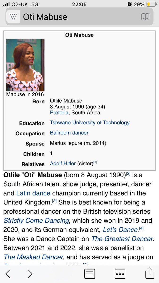 Went on a weird #ImACelebity wiki dive last night…and caught this on Oti’s Wiki page. It was rectified almost instantly..but…just…why?