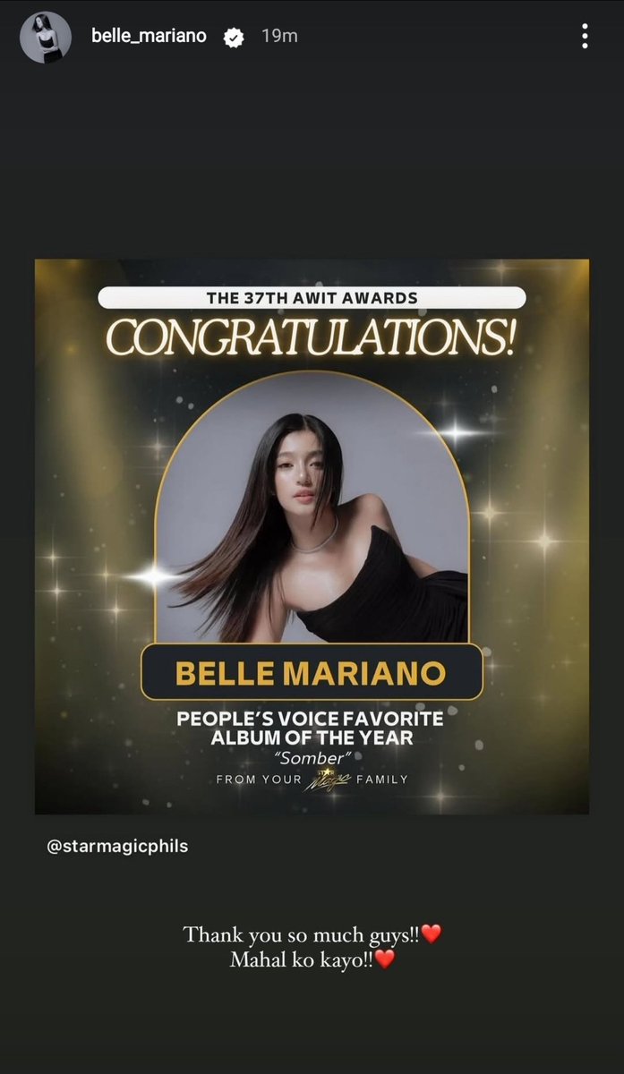 Congratulations my love! Mas mahal ka namen!!!❤️

#BelleMariano
#Somber
#37thAwitAwards 
#AlbumOfTheYear
