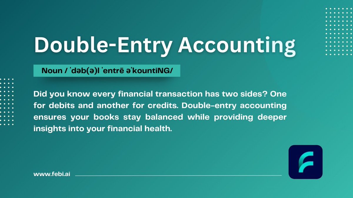 FebiAI_'s tweet photo. 𝐁𝐨𝐨𝐤𝐤𝐞𝐞𝐩𝐢𝐧𝐠 𝐒𝐢𝐦𝐩𝐥𝐢𝐟𝐢𝐞𝐝!

✨ Today’s Term: Double-Entry Accounting

Did you know every transaction has two sides? One debit, one credit. This method keeps your books balanced and offers a clear view of your financial health. 

#Bookkeeping #Accounting #febiai https://t.co/VSWiuuRVNT