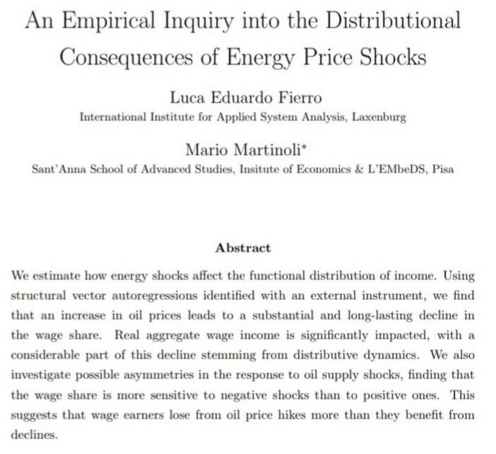 New WP w/ @mario_martinoli : "An Empirical Inquiry into the Distributional Consequences of Energy Price Shocks." In this paper, we estimate how oil supply news shocks influence the functional distribution of income, a thread: 1/n