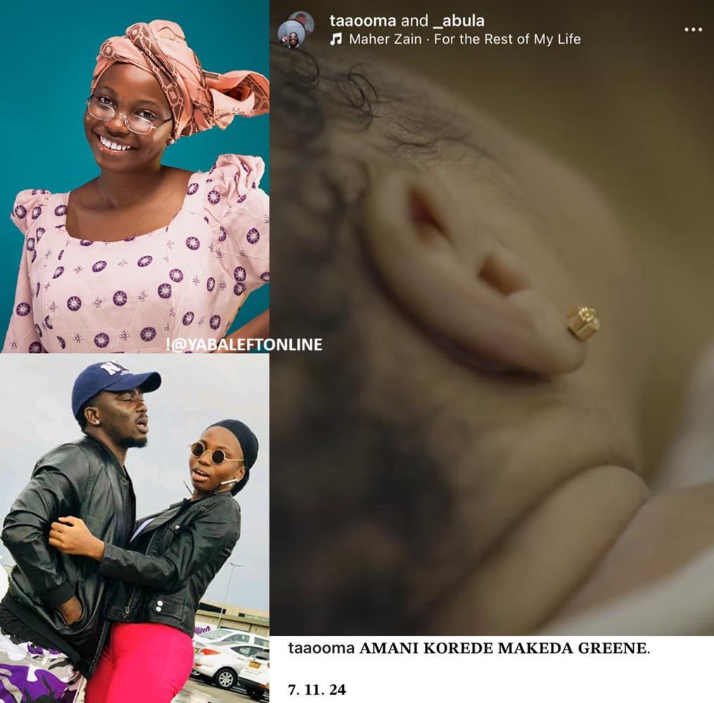 yabaleftonline's tweet photo. Popular skitmaker Taaooma and her husband have welcomed their first child. https://t.co/AhxapWUGx5