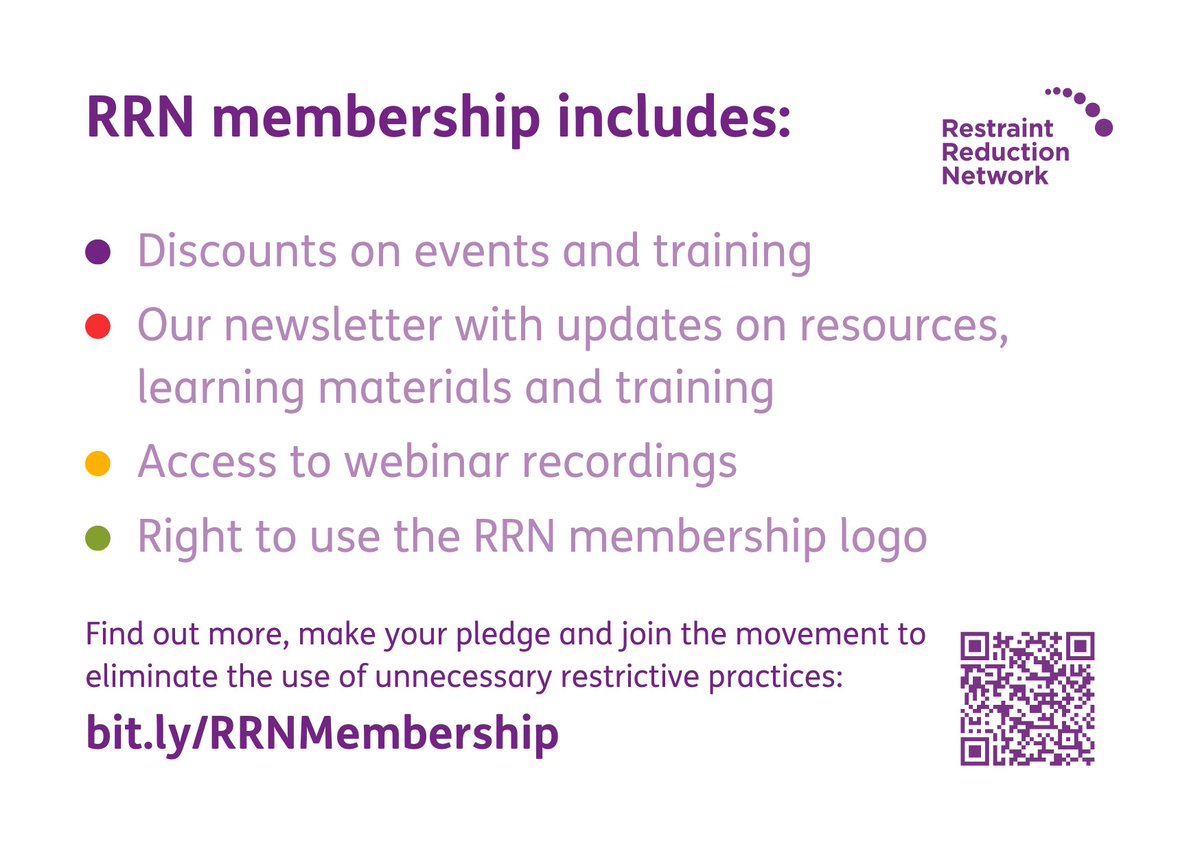 Restraint Reduction Network membership is FREE! 

Our members get access to great benefits, including discounts on events and training, webinar recordings right to your inbox and updates on the most important news in #RestraintReduction

Find out more: bit.ly/RRNMembership