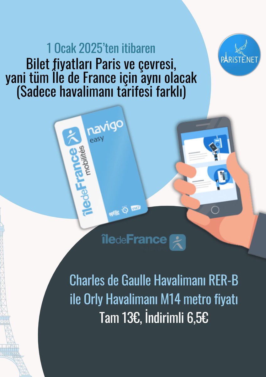 ParisteNet's tweet photo. 1 Ocak 2025’ten itibaren Paris’te bilet fiyatları ve ulaşım kartlarında yepyeni bir dönem başlıyor. 1-5 zone’a göre değişen farklı bilet fiyatları yerine Paris ve çevresindeki her yerde geçerli sabit fiyat uygulamasına geçiliyor.

Ayrıntılı bilgi için: https://t.co/v3cV2PSOmi https://t.co/V1YyqV9XSU