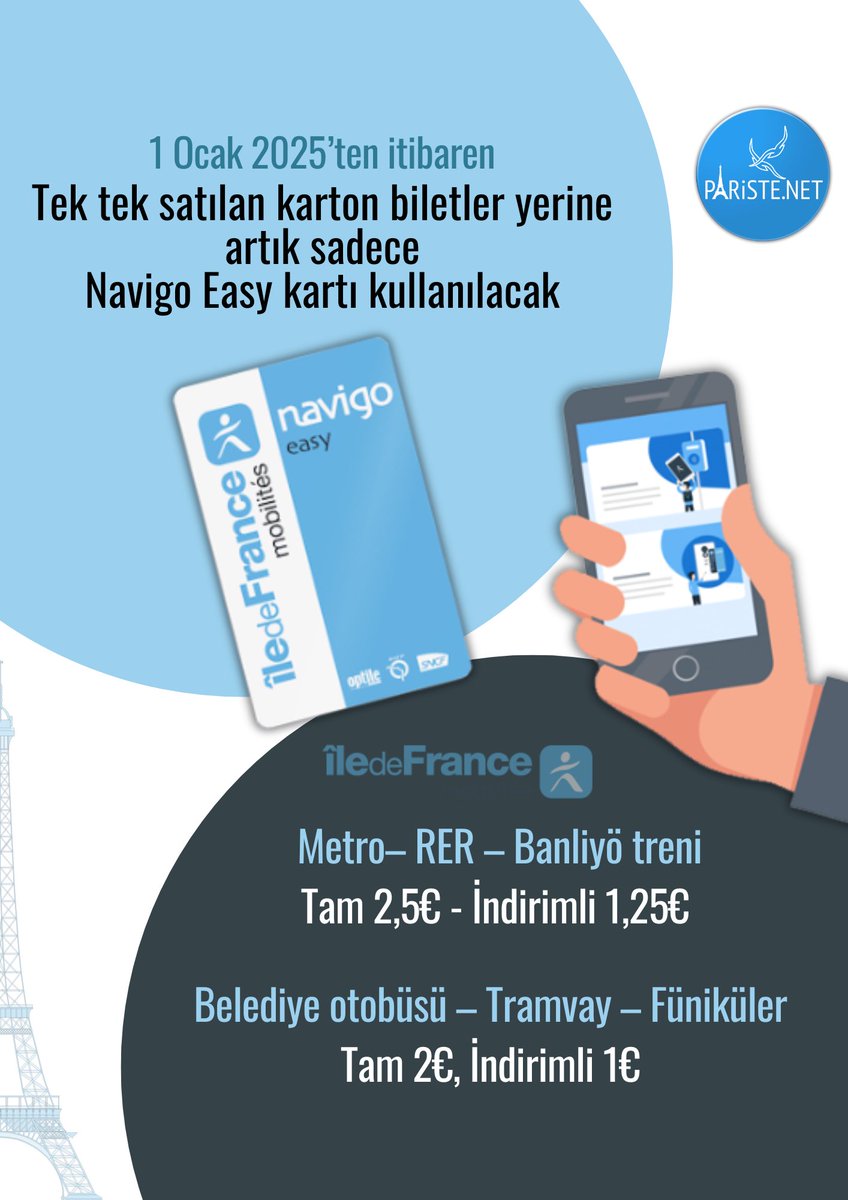 ParisteNet's tweet photo. 1 Ocak 2025’ten itibaren Paris’te bilet fiyatları ve ulaşım kartlarında yepyeni bir dönem başlıyor. 1-5 zone’a göre değişen farklı bilet fiyatları yerine Paris ve çevresindeki her yerde geçerli sabit fiyat uygulamasına geçiliyor.

Ayrıntılı bilgi için: https://t.co/v3cV2PSOmi https://t.co/V1YyqV9XSU