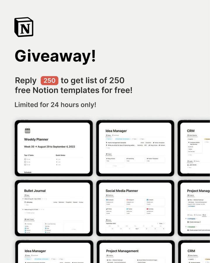 nikola_mr64990's tweet photo. I collected over 250 FREE Notion templates!

Inside, you will find Habit Trackers, Finance Trackers, Task Managers, Planners, and so much more...

RT and reply with "250" and I'll DM it to you.

(need to follow) https://t.co/ulewtlEETx