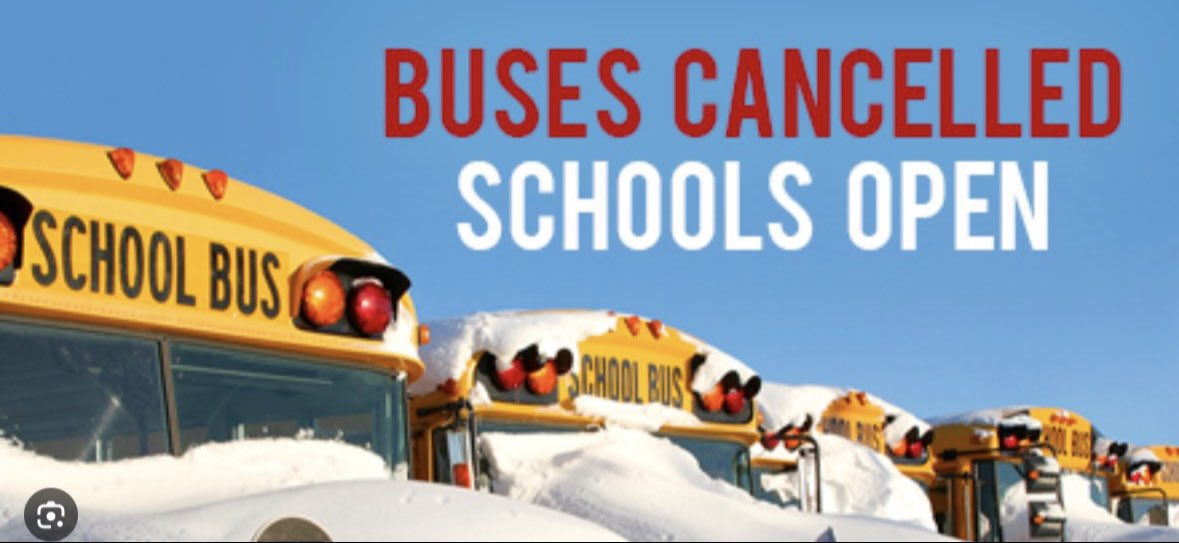 DEC 5 - Due to overnight snowfall and storm cleanup, all transportation is cancelled today. Our school remains open. Any trips scheduled for today have also been cancelled. Stay safe!