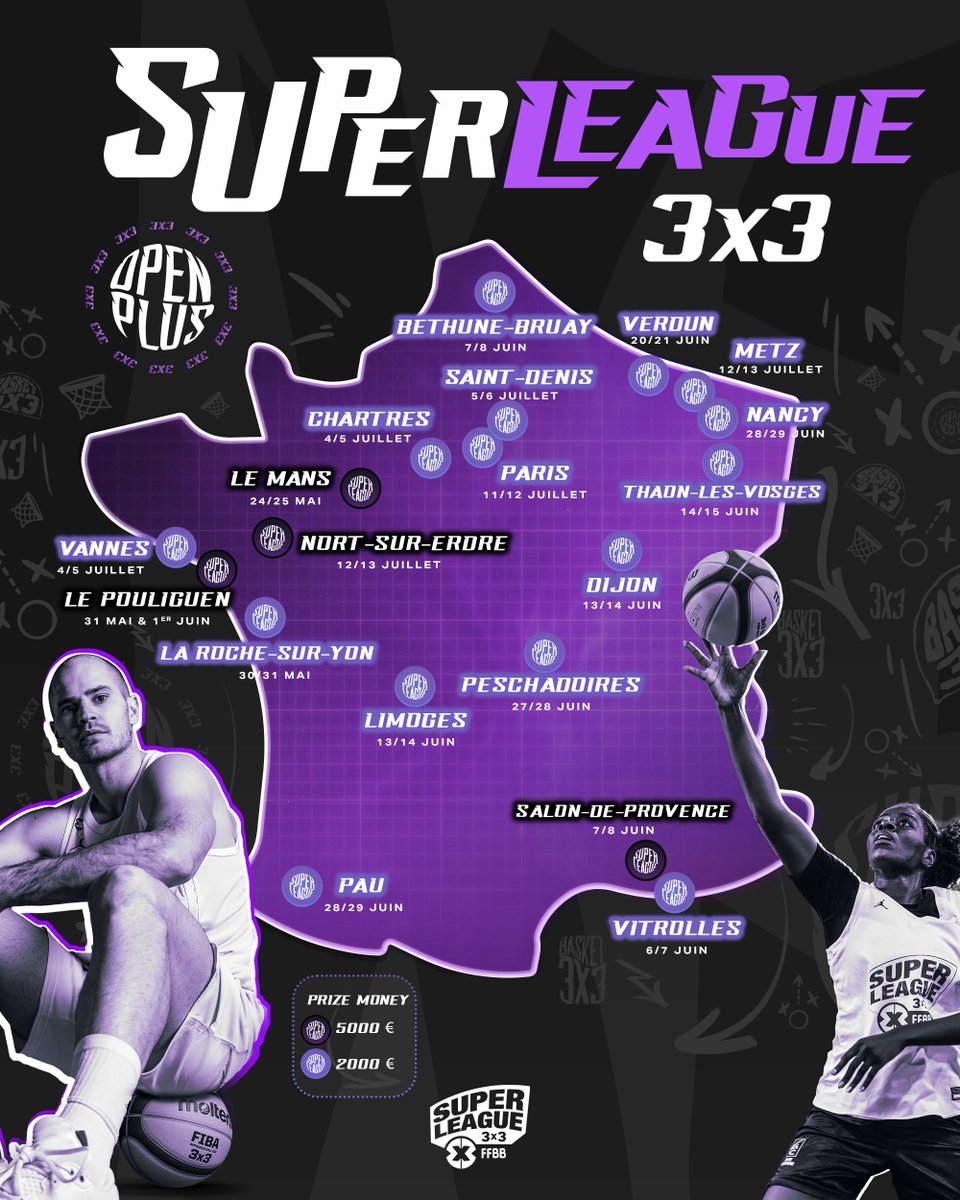 3x3ffbb's tweet photo. 📢 Le calendrier du circuit Open Plus 2025 de la Superleague 3x3 FFBB est en ligne 🏆
➕d'infos : https://t.co/JMKGobZo5Y
#Superleague3x3 #OpenPlus