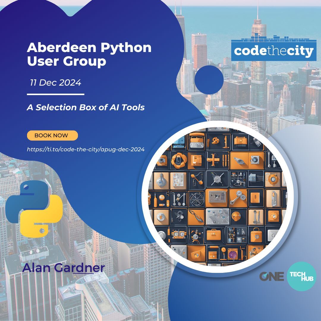 Wednesday  at the #Aberdeen #Python User Group - Alan Gardner's session on "A Selection Box of AI Tools."Featuring chatbots, LLMs, app integrations, and AI-based applications. Learn how these tools enhance productivity, creativity, and problem-solving. buff.ly/3Vmovd8