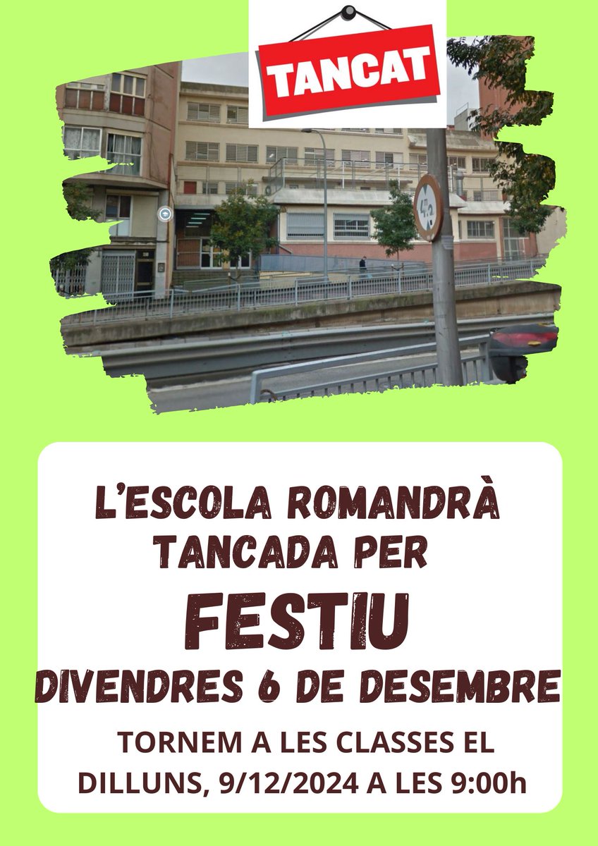 Benvolgudes famílies, us recordem que divendres 6 de desembre és festa i, per tant, l'escola romandrà tancada. Ens retrobarem dilluns 9/12 a les 9h.