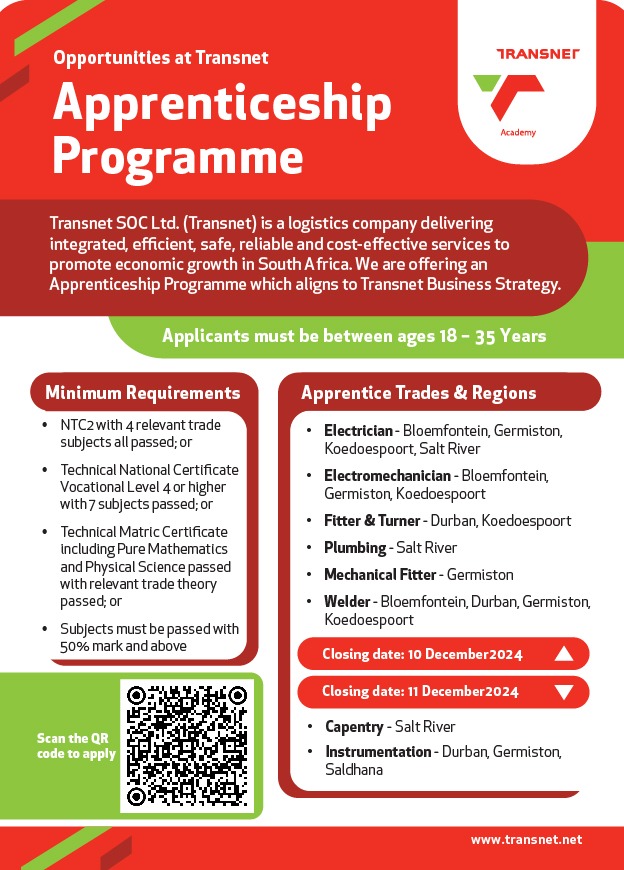 [Apprenticeship Programme] Are you between 18 and 35 years old, eager to gain hands-on experience and develop essential skills in a dynamic, industry-leading environment?

Transnet Academy invites eligible candidates to apply for the apprenticeship programmes across various