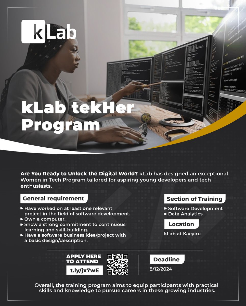 #opportunity 
Calling all ambitious women in tech! Master software development, explore data analytics, and bring your ideas to life with the kLab TekHer Program. Join a community of innovators and lead the future. The deadline is 8th Dec2024!

Apply now on this link: