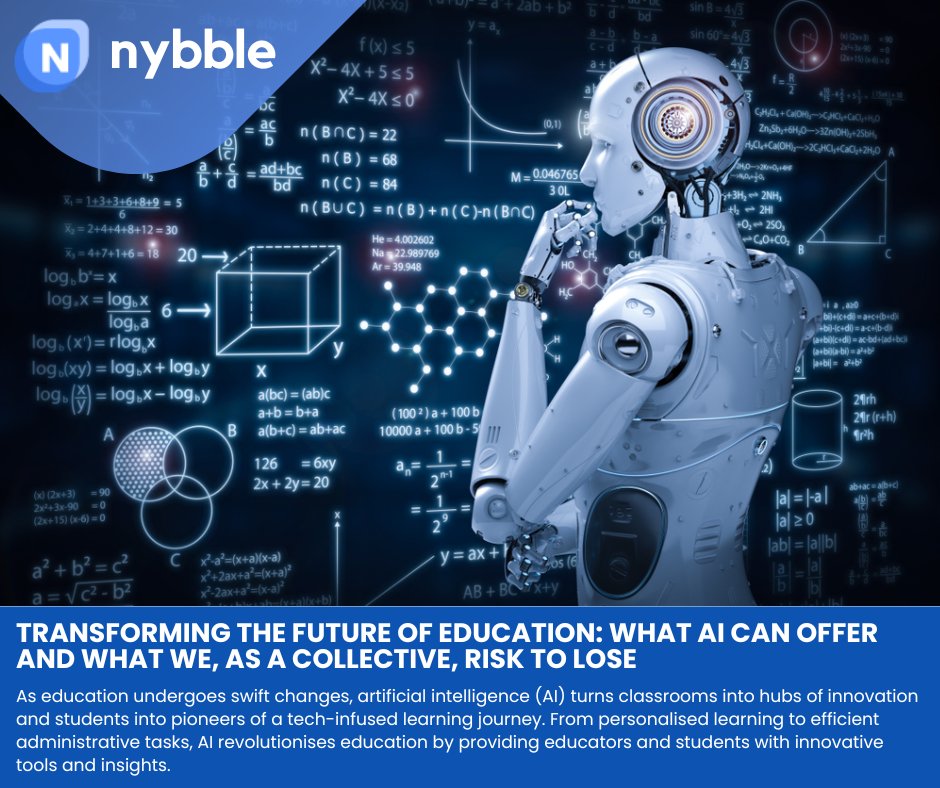 Transforming the Future of Education: What AI Can Offer and What We, As a Collective, Risk to Lose

Link: nybble.co.uk/transforming-t…

#technews #aieducation #ai #eductaion #classrooms #collegeanduniversaties #schools #learning #nybble