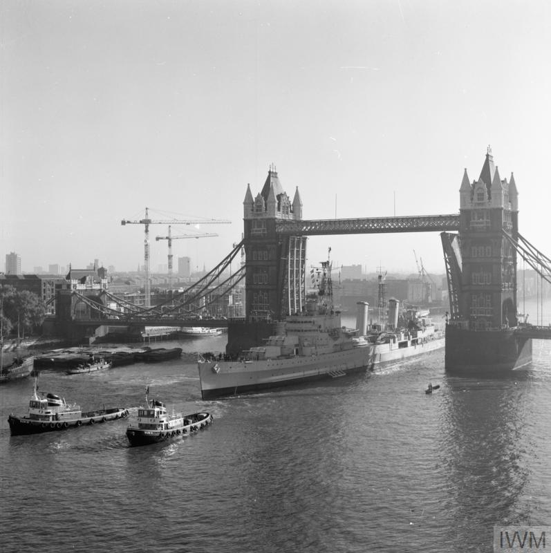 HMWarships's tweet photo. HMS Belfast takes up her moorings in the specially dredged berth in the Pool of London, 14 October 1971.
IWM (ID: MH 15062) https://t.co/QUFWerlvgG